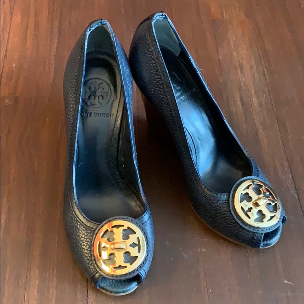 Navy Blue Leather Wedges-Tory Burch
